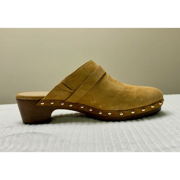 ANN TAYLOR Tan Kid Suede Clogs with Brass Rivets, Sz 8.5M - Picture 5 of 12